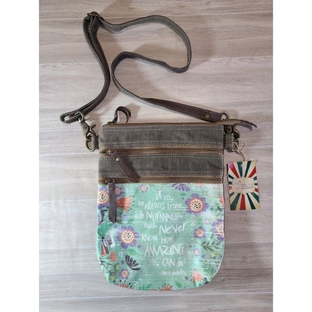 Ohlay Womens Canvas Crossbody Bag Purse Mom Quote Floral Multi Pocket Travel NWT